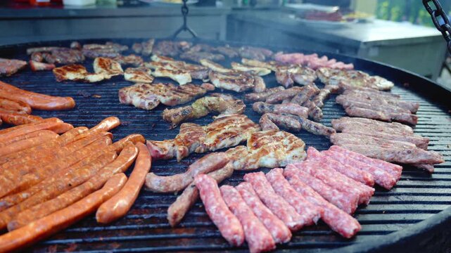 Serbian Meat and Sausages Grilling at an Outdoor Cafe