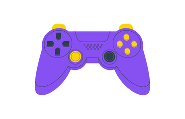 Flat retro joystick label with y2k gamepad style. Purple controller as video game console gadget and device for player. Vintage video, clean layout, modern flat format, violet and yellow color. © Moonnoon