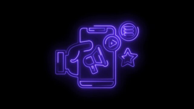 Mobile marketing strategy with hand holding phone neon glow for social media promotion