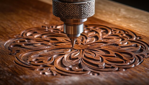 Industrial CNC Router Machined Ornate Wood Carving Abstract FiligreePattern Finish in Mahogany Core