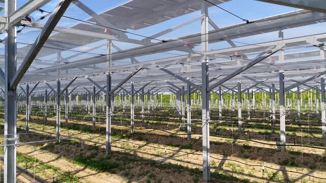 Aerial view of agrivoltaic solar panels installed over an agricultural field with metal support structures and irrigation lines in Faenza, Emilia-Romagna, Italy.