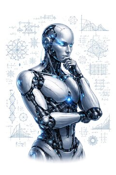 Thoughtful futuristic humanoid robot with scientific diagrams