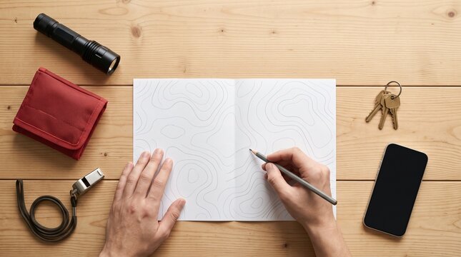 Person Writing in Blank Notebook on Wooden Desk with EDC Items