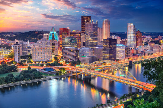 Pittsburgh, Pennsylvania, USA. Aerial cityscape image of Pittsburgh, Pennsylvania at beautiful summer sunset.