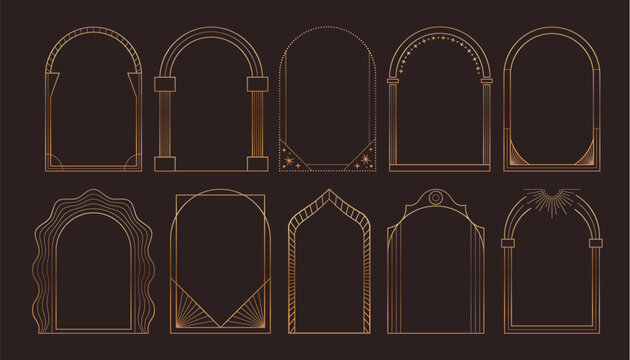 Gold arch frame collection with elegant border designs and vintage deco art. Luxury golden ornate patterns with abstract geometric shapes for modern wedding invitations and classic card templates.