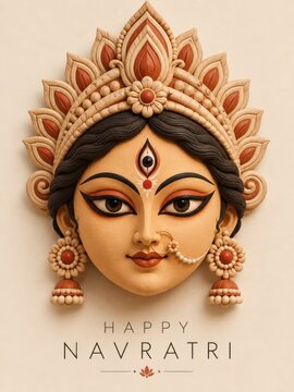 Goddess Durga Face Sculpture with Happy Navratri Text