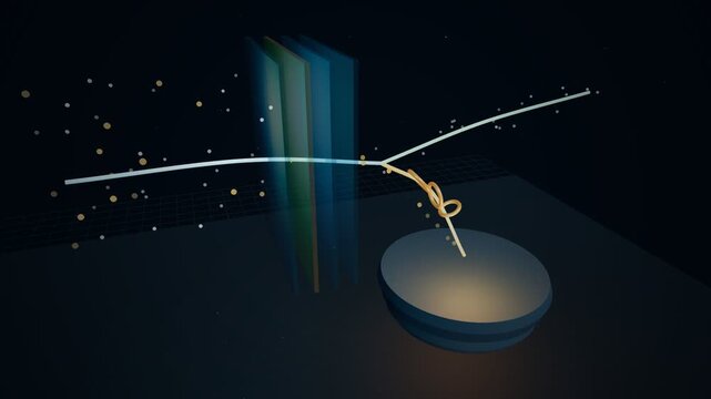 Translucent filter panel with particles passing through and one strand spiraling into a collection vessel