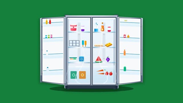 A vibrant flat design 2D animation showing an open four door refrigerator stocked with various food items and bottles against a plain green screen for kitchen and storage scenes.