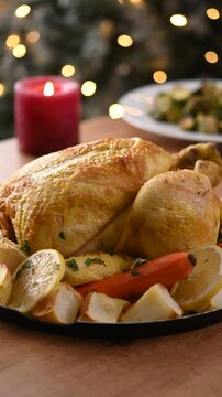 Traditional Christmas roast turkey with potatoes and festive side dishes