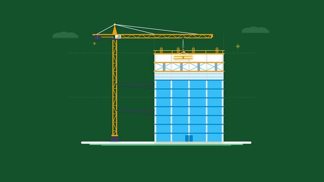 Modern ten-story building construction icon animation with an active tower crane lifting structural steel beams onto the rooftop deck on a clean green background.
