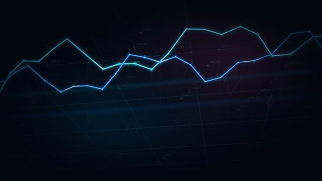 Two glowing zigzag stock price line charts scrolling across a dark grid with numeric labels