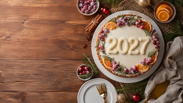 2027 New Year cake with white frosting, sugared cranberries, dried orange and rosemary on a rustic Christmas table with copy space for holiday baking, family gatherings and festive greetings