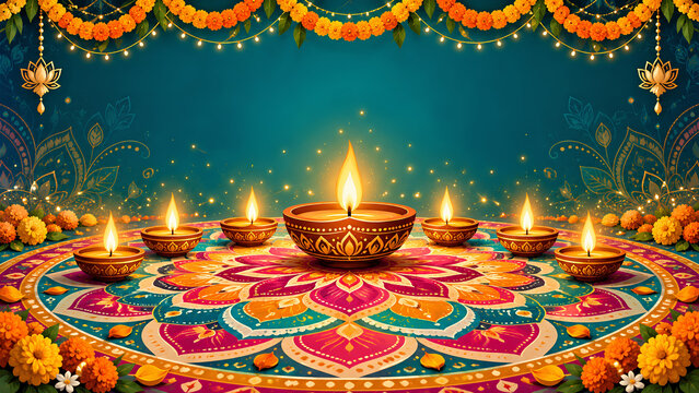 Lit diyas arranged on a circular floral rangoli pattern for diwali