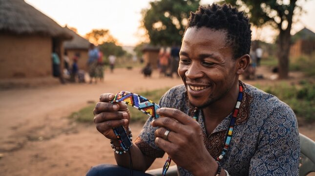 Young Zulu man smiling warmly after decoding secret beaded love letter message in warm evening dusk light