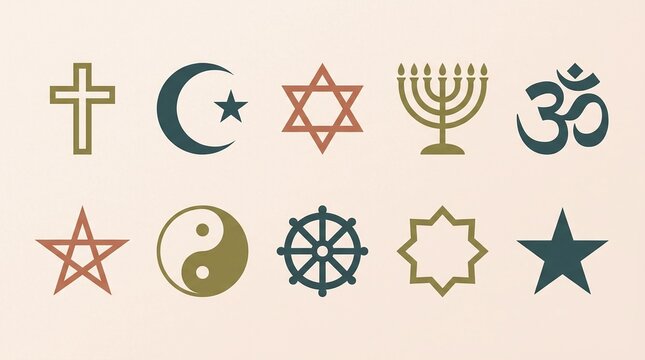 Set of religious and spiritual symbols icons on a neutral background
