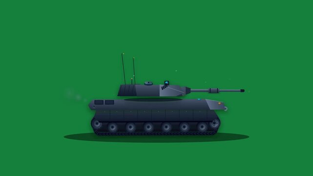Two dimensional flat design animation of a dark gray military tank vehicle moving across a solid green screen background featuring detailed rotating wheels and track motion.