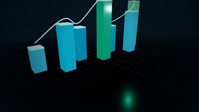 Glossy blue and green comparative bar chart columns with a curved trend line overlay