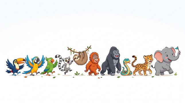 Wild jungle animals vector set featuring tiger, elephant, giraffe, gorilla, leopard, monkey, and tropical birds. Cute safari fauna clip art collection for kids design and education.