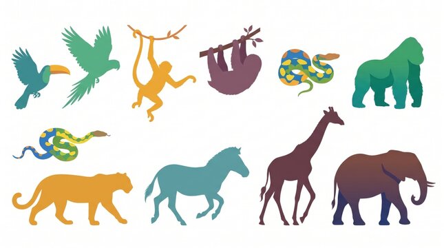 Wild jungle animals vector set featuring tiger, elephant, giraffe, gorilla, leopard, monkey, and tropical birds. Cute safari fauna clip art collection for kids design and education.