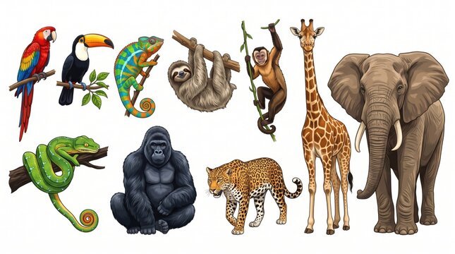Wild jungle animals vector set featuring tiger, elephant, giraffe, gorilla, leopard, monkey, and tropical birds. Cute safari fauna clip art collection for kids design and education.