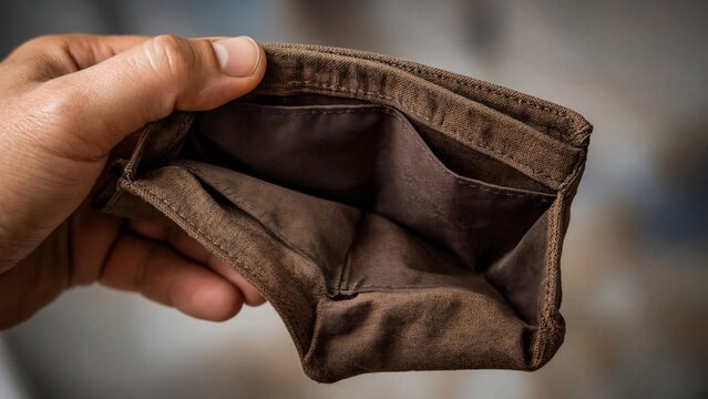A hand holds an empty, brown leather wallet open, revealing a dark interior.