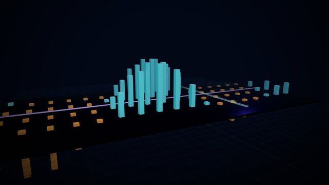 Wave shaped cluster of cyan bar chart columns rising and falling with orange data markers and sweeping camera