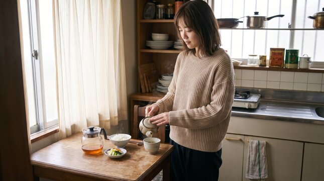Pouring tea at the table in a Japanese woman's kitchen