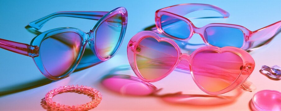 Colorful translucent sunglasses and beaded bracelet on pastel backdrop. Y2K fashion accessories and retro aesthetic. Pop culture and beauty trend. Copy space banner design.