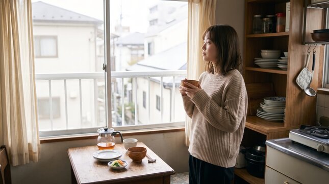 By the window, a Japanese woman holds her cup
