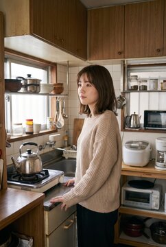Japanese woman beside a kettle in a compact kitchen