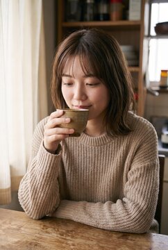 Portrait of Japanese woman sipping tea
