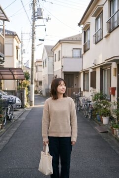 A residential street frames a Japanese woman carrying a tote