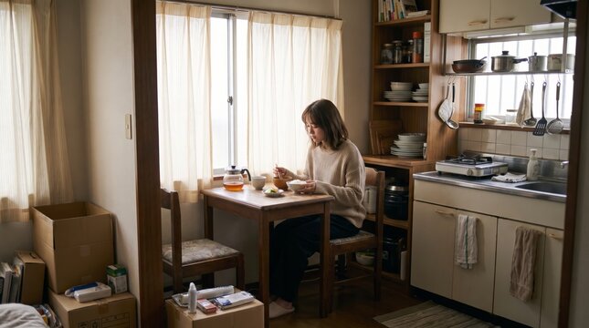 Single Japanese woman eating among moving boxes