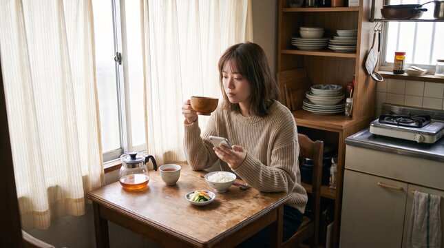 Japanese woman checking smartphone during breakfast