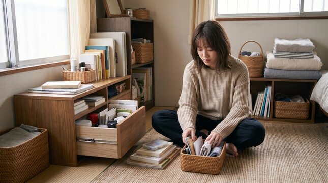 Japanese woman sorting folded textiles into a basket