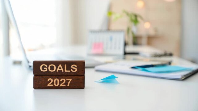 Goals 2027 message on wooden blocks at office desk with laptop paper plane notebook, business planning corporate strategy future career vision setting