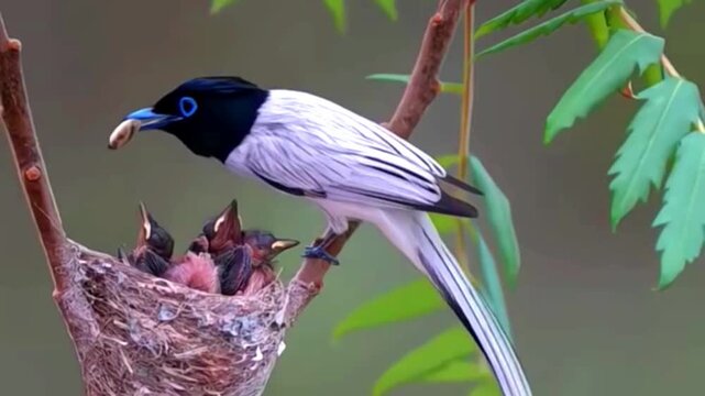 Asian paradise flycatcher bird feeding its chicks in a nest on a tree branch