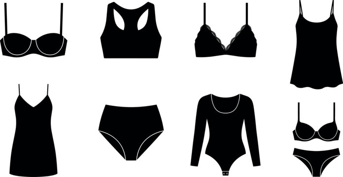 Collection of black silhouettes of women lingerie underwear undergarments bras and slips vector illustration