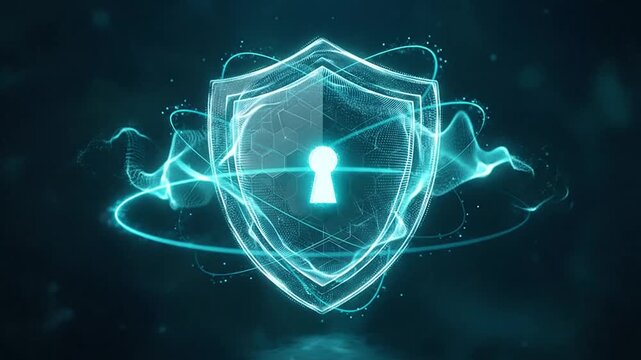 Futuristic digital security shields with glowing lock symbols in a high-tech cybersecurity environment