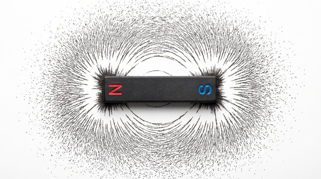 Realistic bar magnet with iron filings showing magnetic field lines for physics concept on white background