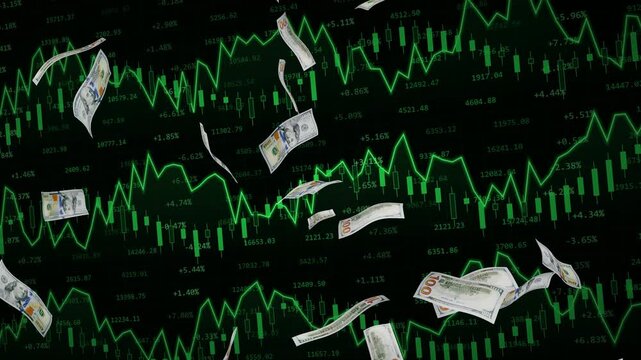 Falling hundred dollar bills cascading over a dense green stock ticker background with candlesticks and price changes