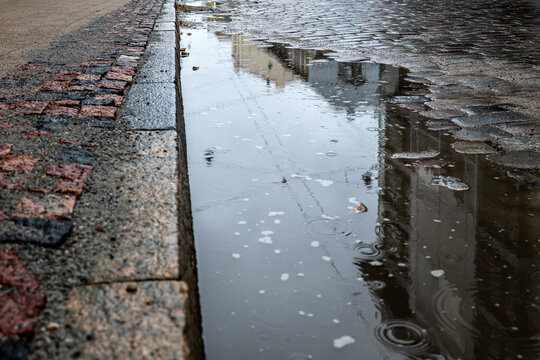Rain Puddle Reflecting Buildings Along a Cobblestone Street Curb