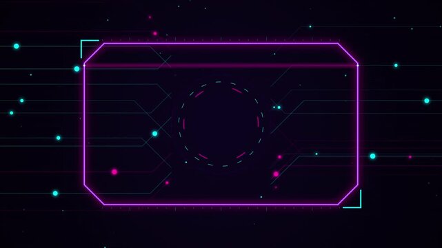 Futuristic glowing neon digital interface frame with animated circuit board lines and vibrant data p
