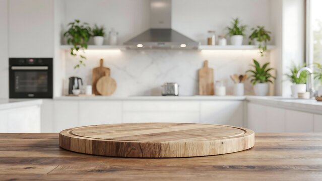 Empty round wooden cutting board on table in blurred modern white kitchen background for mockup