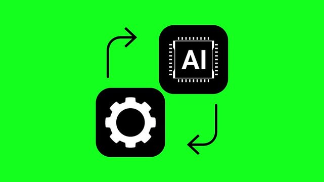 Green background with two black icons. Gear symbolizes settings or configuration. AI chip icon suggests artificial intelligence processing. Curved arrows show continuous interaction between elements