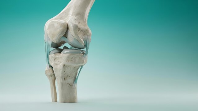 Medical 3d illustration of a knee joint showing bones, cartilage, and ligaments in a human leg on a teal background