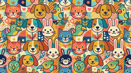 Fototapeta premium Cute seamless pattern of geometric animal faces featuring dog, cat, rabbit, and bird in colorful flat vector style.