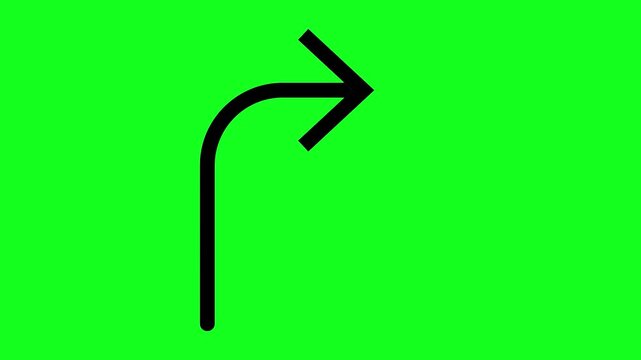 Black arrow curves right on green screen. Simple outline style for digital use. Perfect for directional or navigation cues. Suitable for overlay or placeholder needs