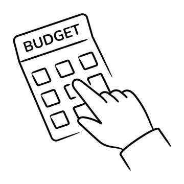 Hand-drawn doodle icon of ad budget planning, using people, devices, and interface symbols in clean black line art on an isolated background.