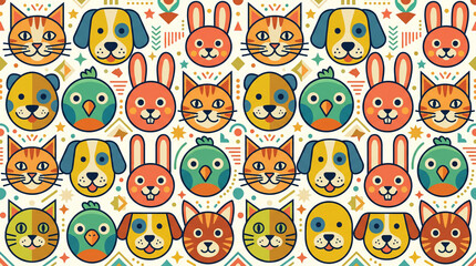 Obraz premium Cute seamless pattern of geometric animal faces featuring dog, cat, rabbit, and bird in colorful flat vector style.